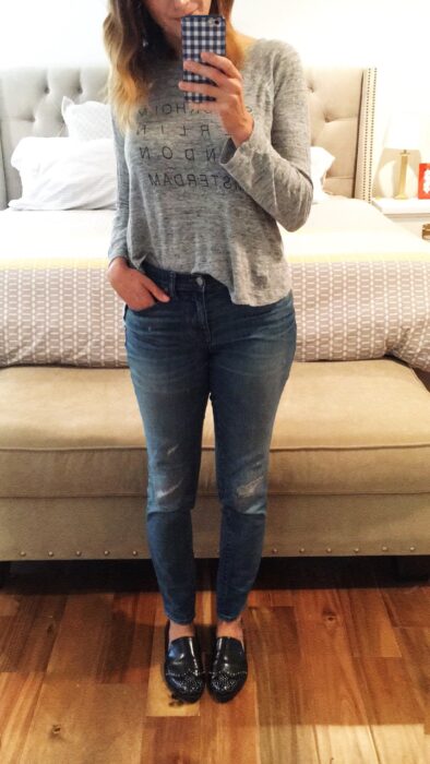tuesday: madwell top, madwell skinny skinny jeans, zara flats | instagram stories roundup on allweareblog.com