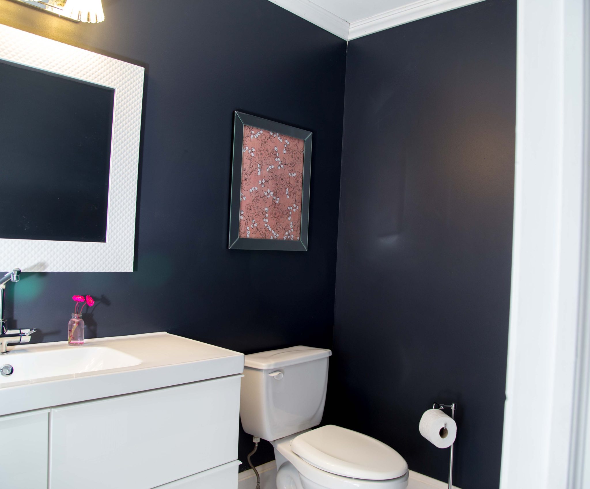 powder room renovation on allweareblog.com | budget powder room renovation | powder room vanity | blue powder room | blue bathroom