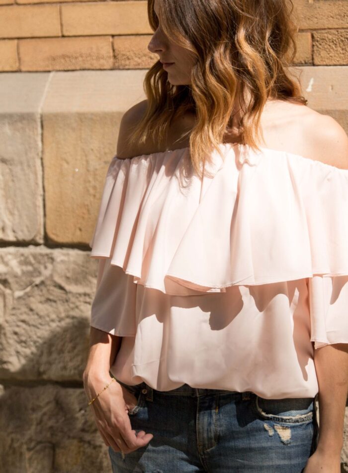 chicwish off the shoulder top and blush pink vans on allweareblog.com