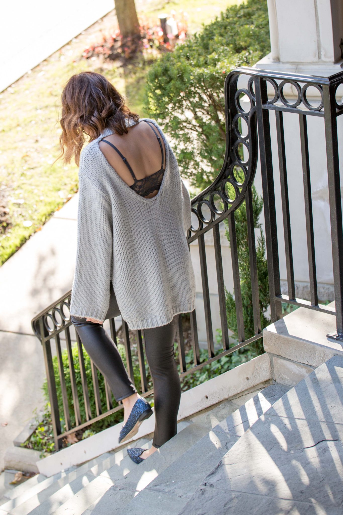 how to wear a sweater and leggings and still look put together on allweareblog.com | chicwish glamour on back sweater in grey, bb dakota ponte snakeskin leggings, sole society cammila smoking slipper navy flats
