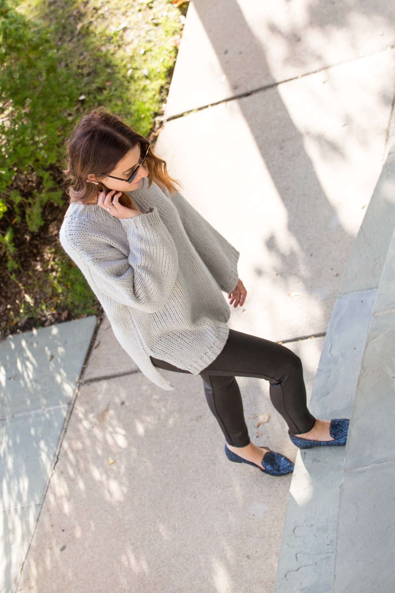 how to wear a sweater and leggings and still look put together on allweareblog.com | chicwish glamour on back sweater in grey, bb dakota ponte snakeskin leggings, sole society cammila smoking slipper navy flats