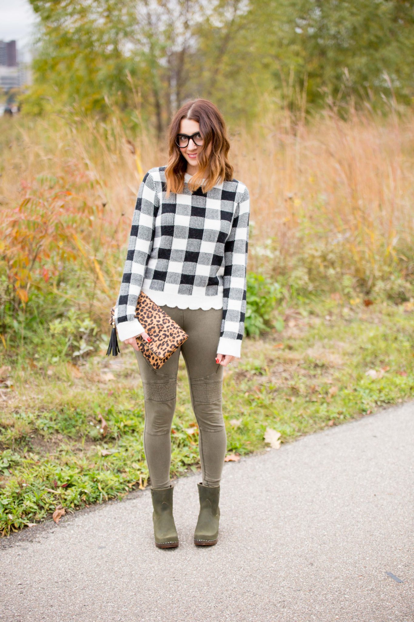 how to wear olive green in the fall | fall style | sandgrens clogs manhattan boots | gray monroe vanna sweater | black gingham sweater | sweater and leggings style | nordstrom bp stretch cotton moto leggings | sole society leopard clutch | olive fall on allweareblog.com