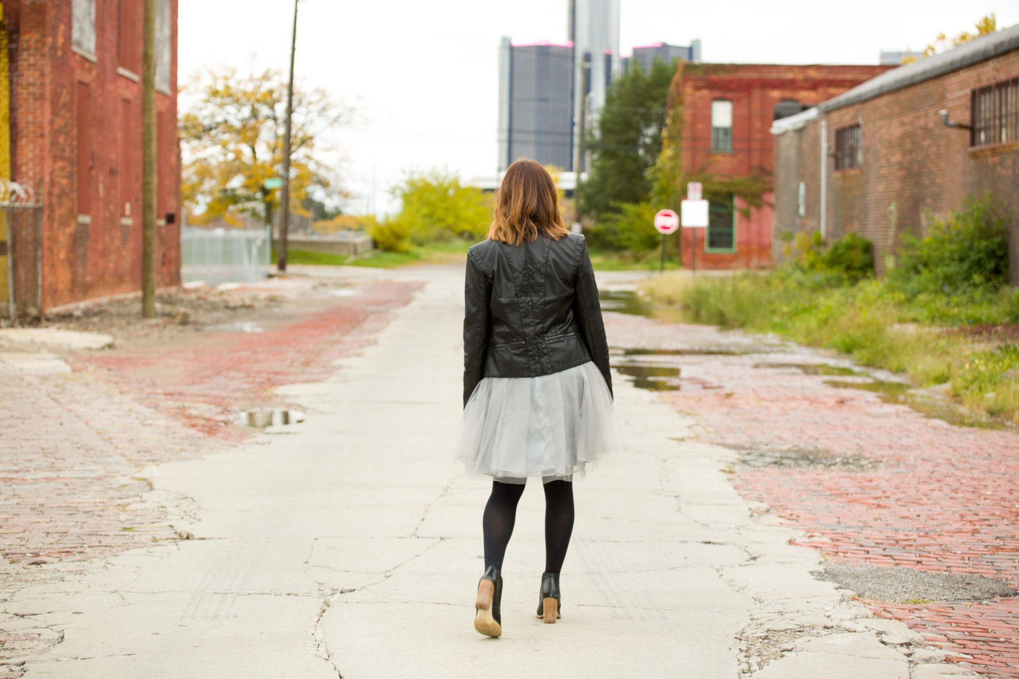 gray monroe jordan dress | women's tutu dress | how to pair a fancy dress with a leather moto jacket | edgy chic look on allweareblog.com