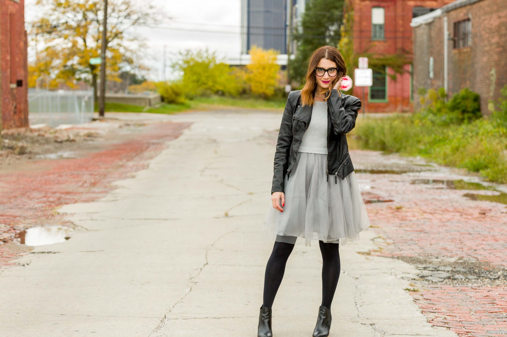 gray monroe jordan dress | women's tutu dress | how to pair a fancy dress with a leather moto jacket | edgy chic look on allweareblog.com