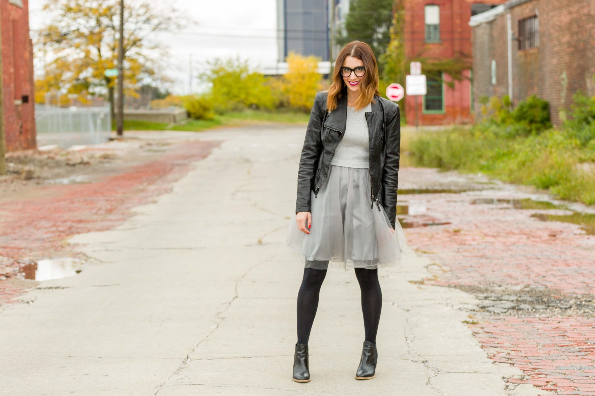 gray monroe jordan dress | women's tutu dress | how to pair a fancy dress with a leather moto jacket | edgy chic look on allweareblog.com