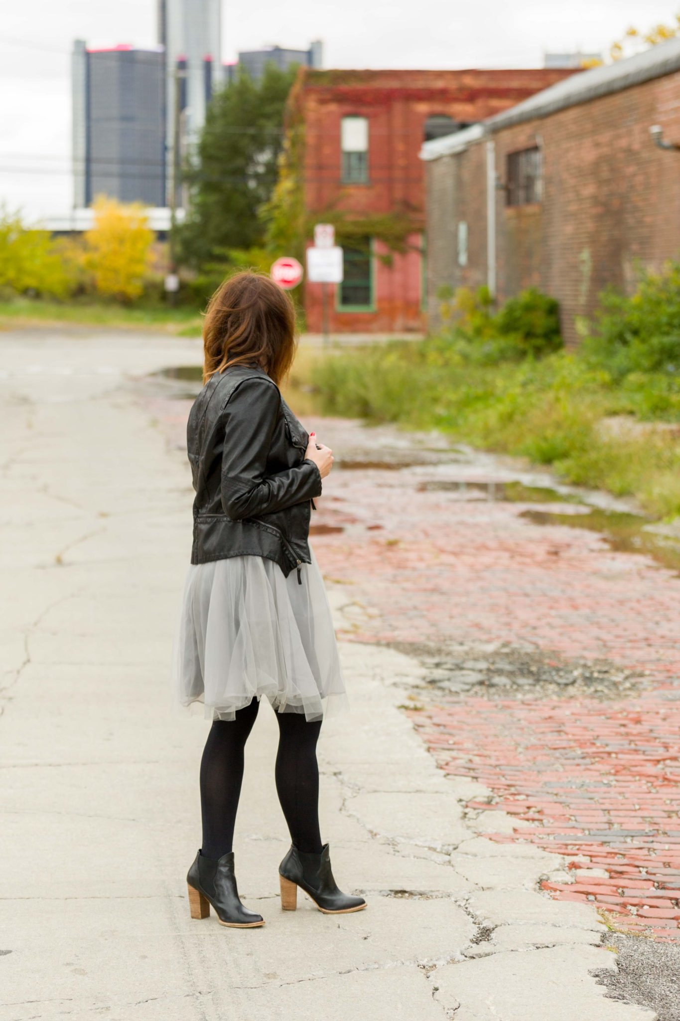 gray monroe jordan dress | women's tutu dress | how to pair a fancy dress with a leather moto jacket | edgy chic look on allweareblog.com