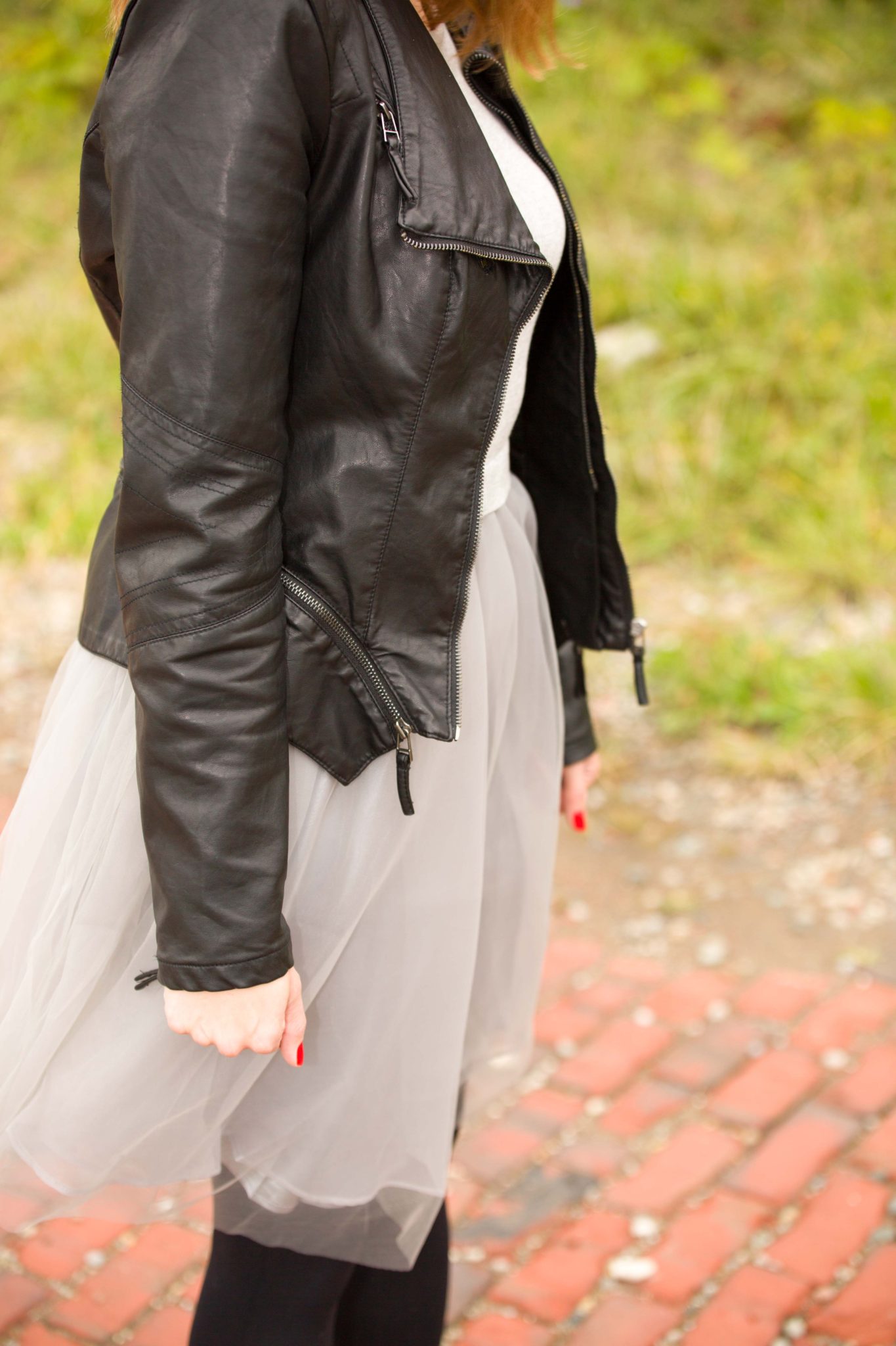 gray monroe jordan dress | women's tutu dress | how to pair a fancy dress with a leather moto jacket | edgy chic look on allweareblog.com