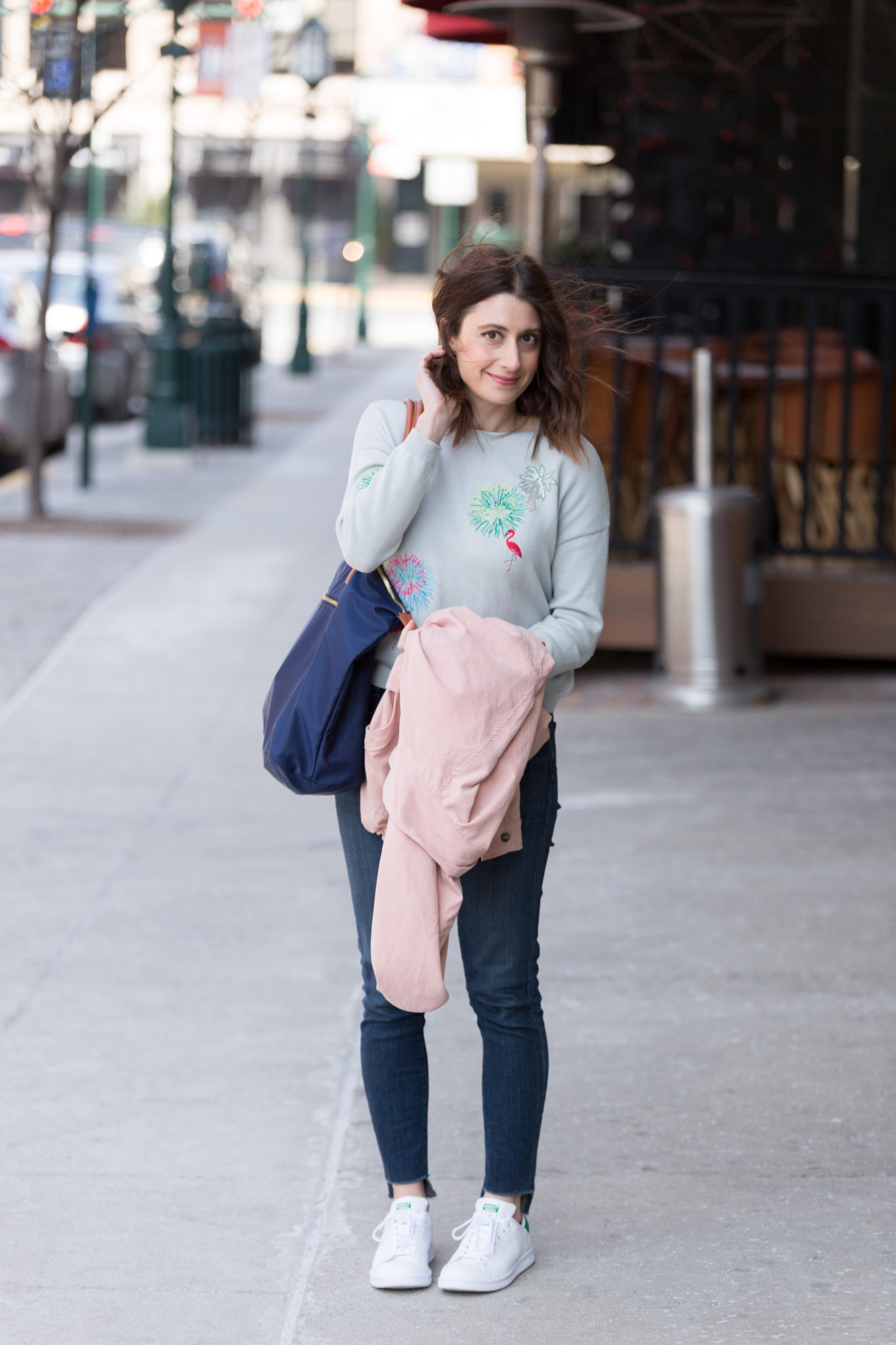 pretty spring outfit details | embellished flamingo sweater and pink coat on allweareblog.com