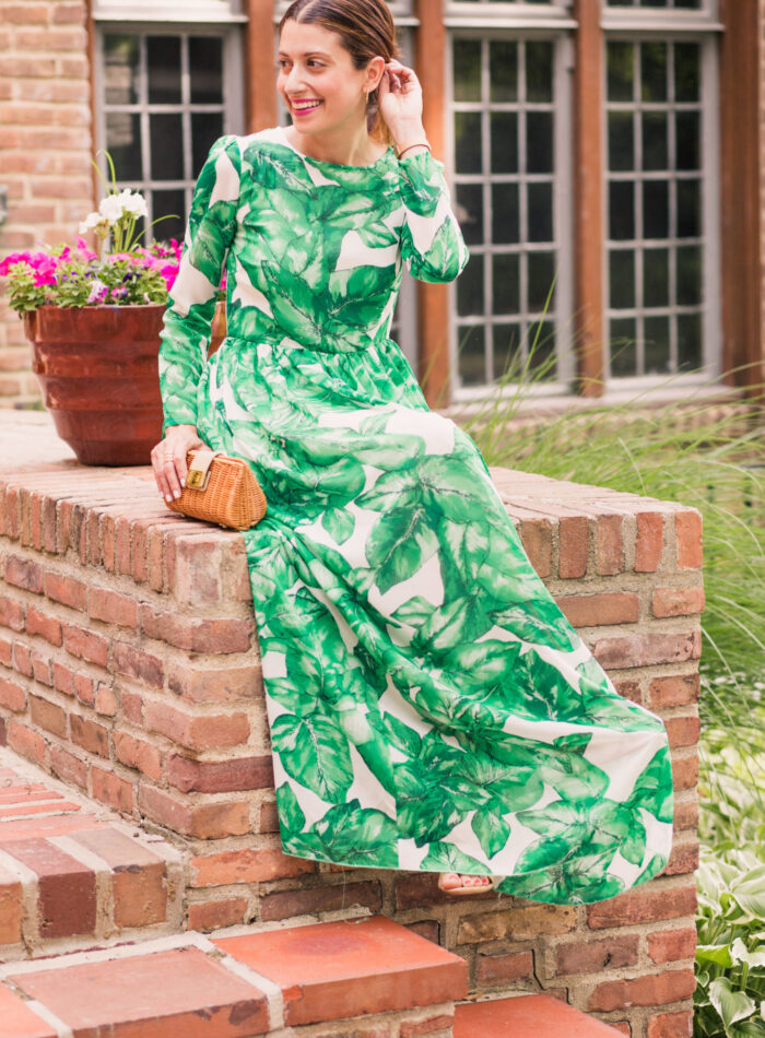 The perfect statement dress for a wedding | what to wear to a summer wedding | Palm Leaf Print Maxi Dress on allweareblog.com | rattan clutch | wicker clutch