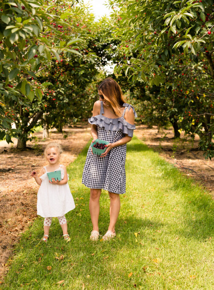 SheIn Self Tie Shoulder Layered Frill Mixed Gingham Dress | the best summer dress | fun things to do in Detroit with your kids and family | Westview Orchards cherry picking on allweareblog.com