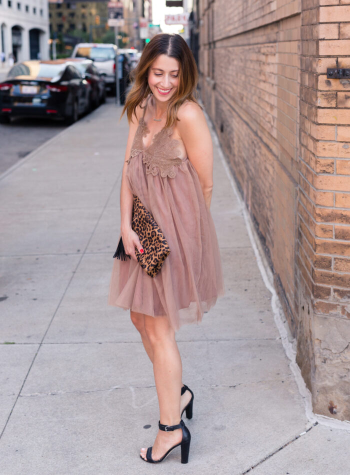 Chicwish Irresistible Allure Mesh Cami Dress | How to style a babydoll dress | Neutral date night look | the best block heels | the best leopard clutch under $50 | a dress you can twirl in on allweareblog.com