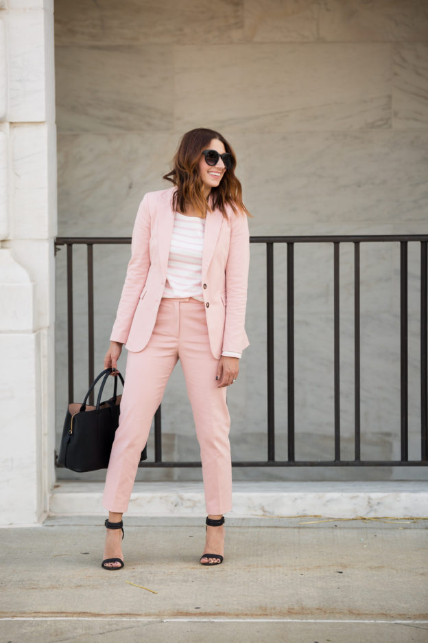 How to style a suit four ways | Look One: Baukjen Ava Tailored Blazer, Ava Cigarette Pant, and Lily Relaxed Top c/o, J.Crew sandals {similar}, H&M handbag Look Two: Baukjen Ava Cigarette Pant, Shein peplum top c/o, Louis et Cie Jianna Stacked Heel Pump, Sole Society calf hair clutch | chic workwear on allweareblog.com