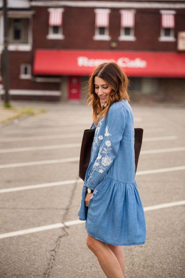 my recipe for a seriously easy outfit | Chicwish Artless Flowers Embroidered Dress in Chambray, Madewell Transport Tote, Lucky Brand Kambry Booties on allweareblog.com